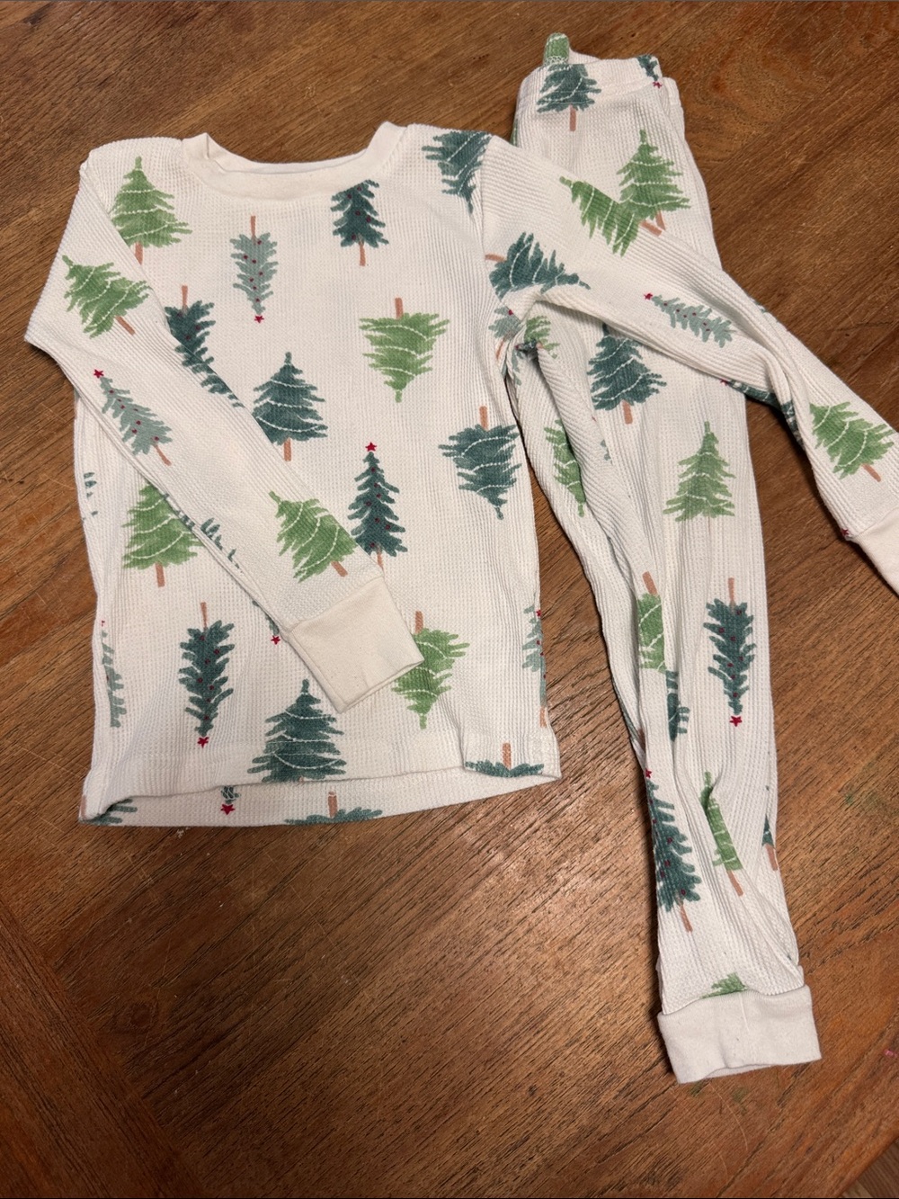 Kids White Thermal Pajama Set with Green Tree Print